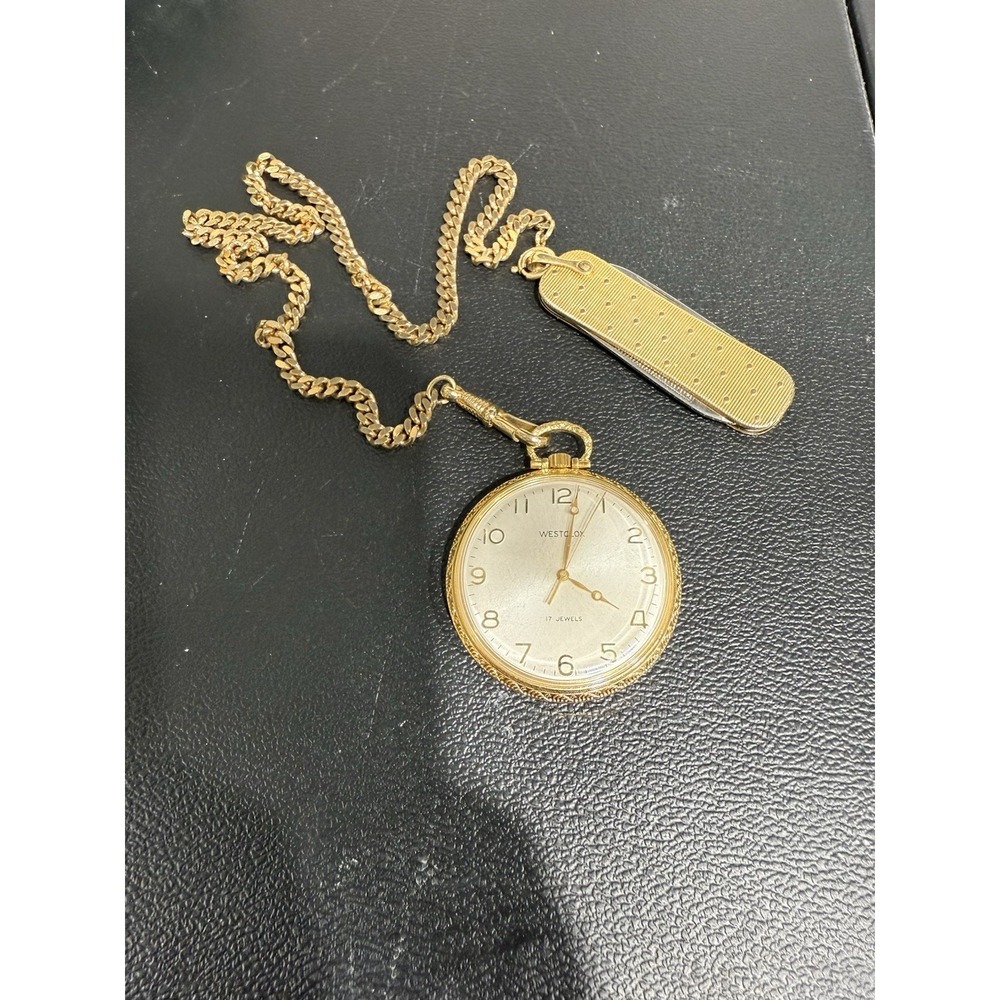 VTG WESTCLOX 17 JEWELS SWISS POCKET WATCH WITH POCKET KNIFE FOB CHAIN - RUNNING